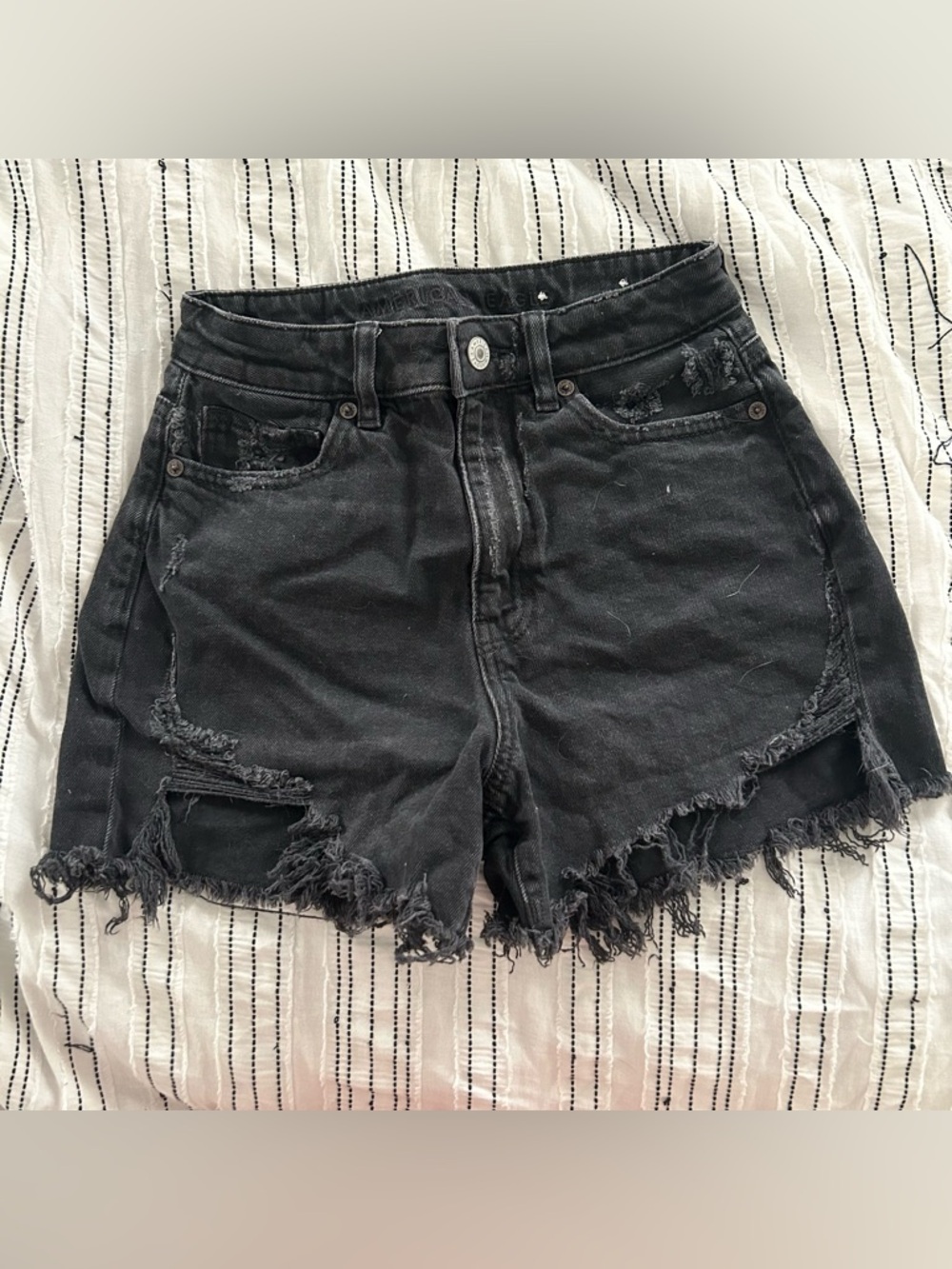 American Eagle High-Rise Distressed Black Denim Mom Shorts